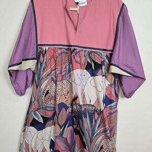 Vintage Krist Gudnason Pink Purple Safari Animal Print Cotton Mumu Dress XL